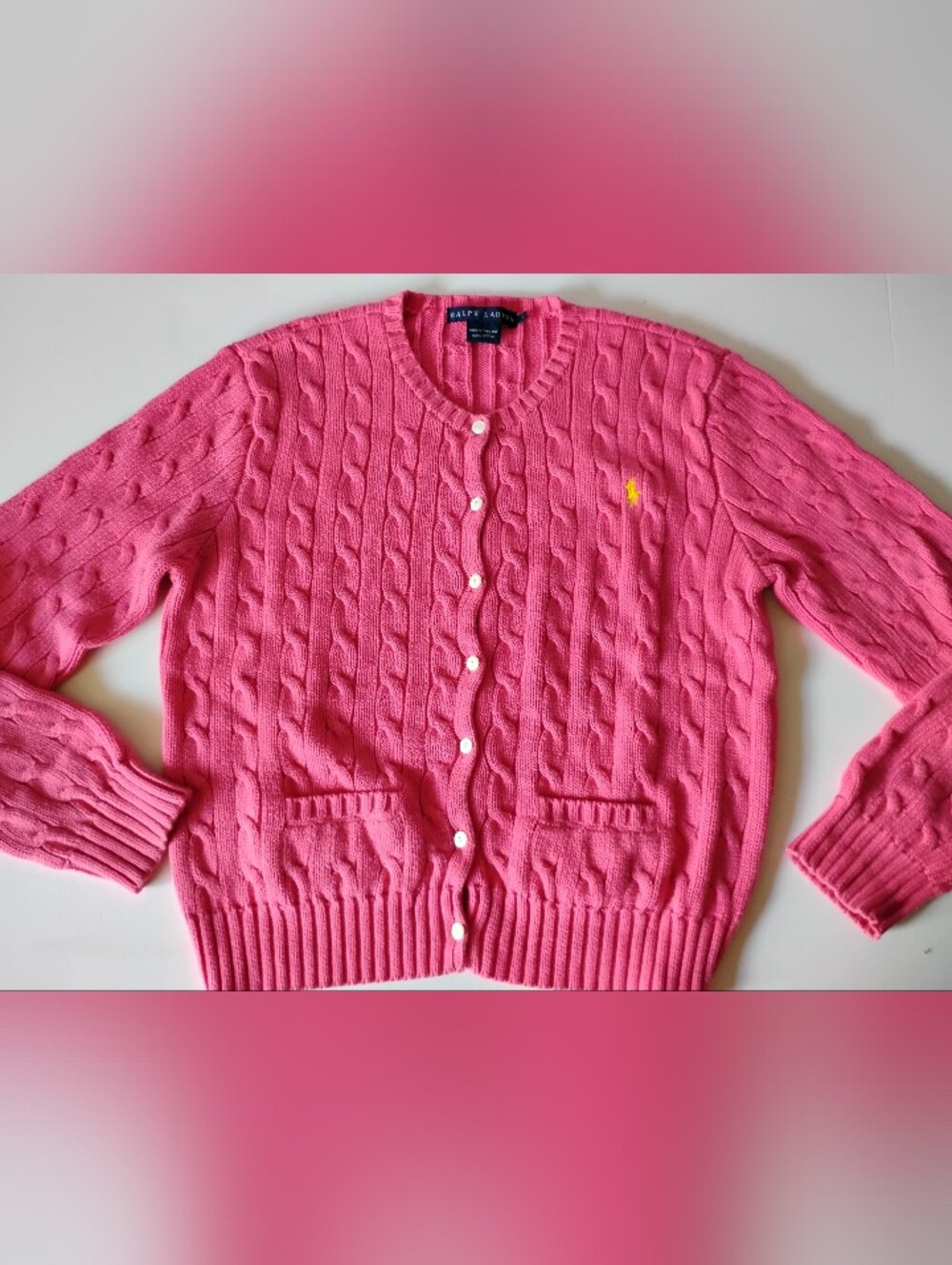 Ralph Lauren Cotton Cable Knit Cardigan Sweater Pink Pockets Classic Colorful Lg - Picture 2 of 8